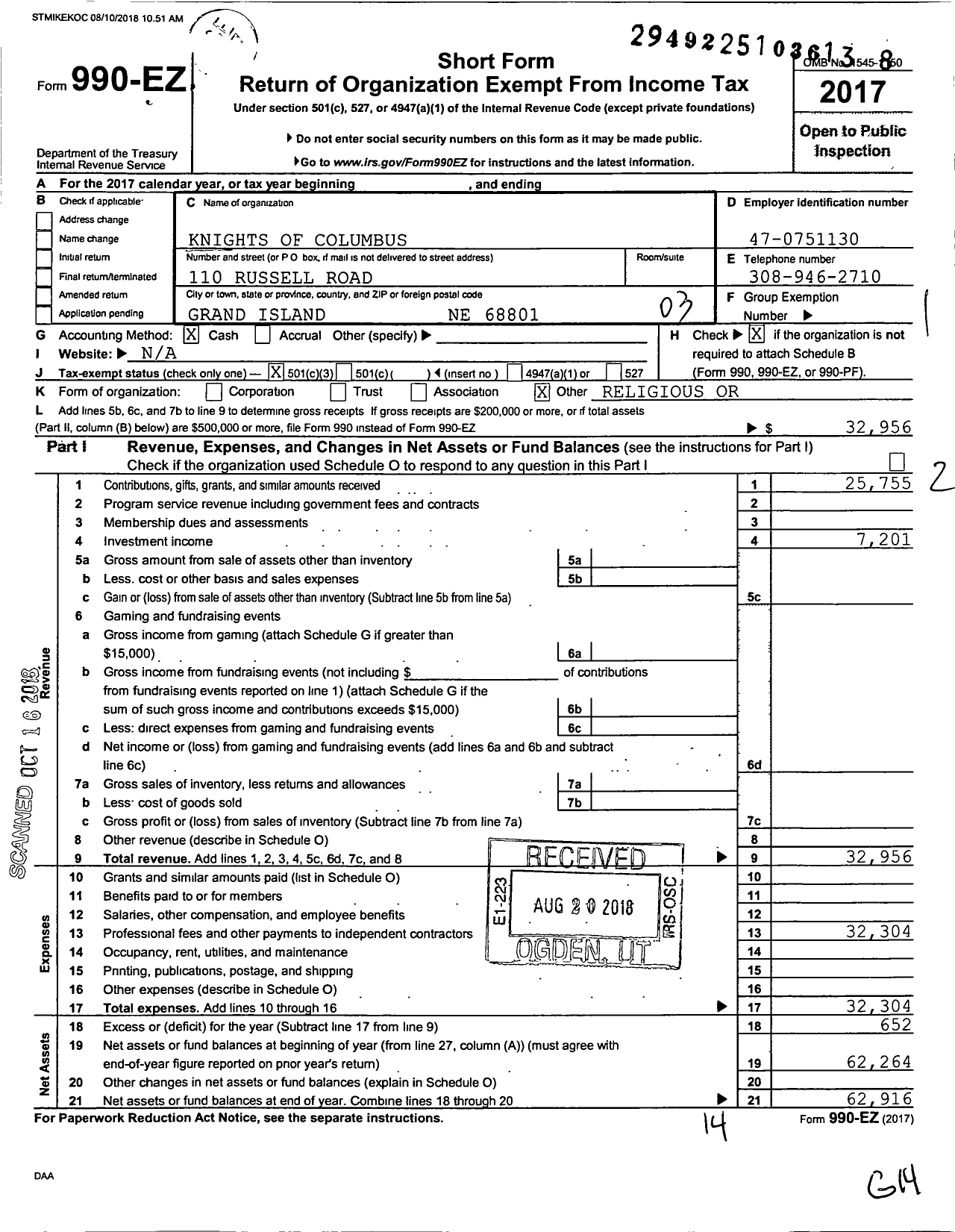 Image of first page of 2017 Form 990EZ for Knights of Columbus - 10386 St Michaels Council