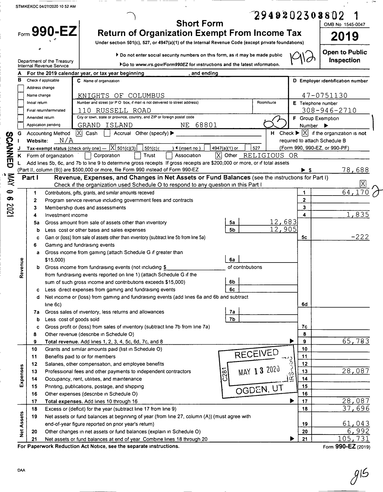 Image of first page of 2019 Form 990EZ for Knights of Columbus - 10386 St Michaels Council