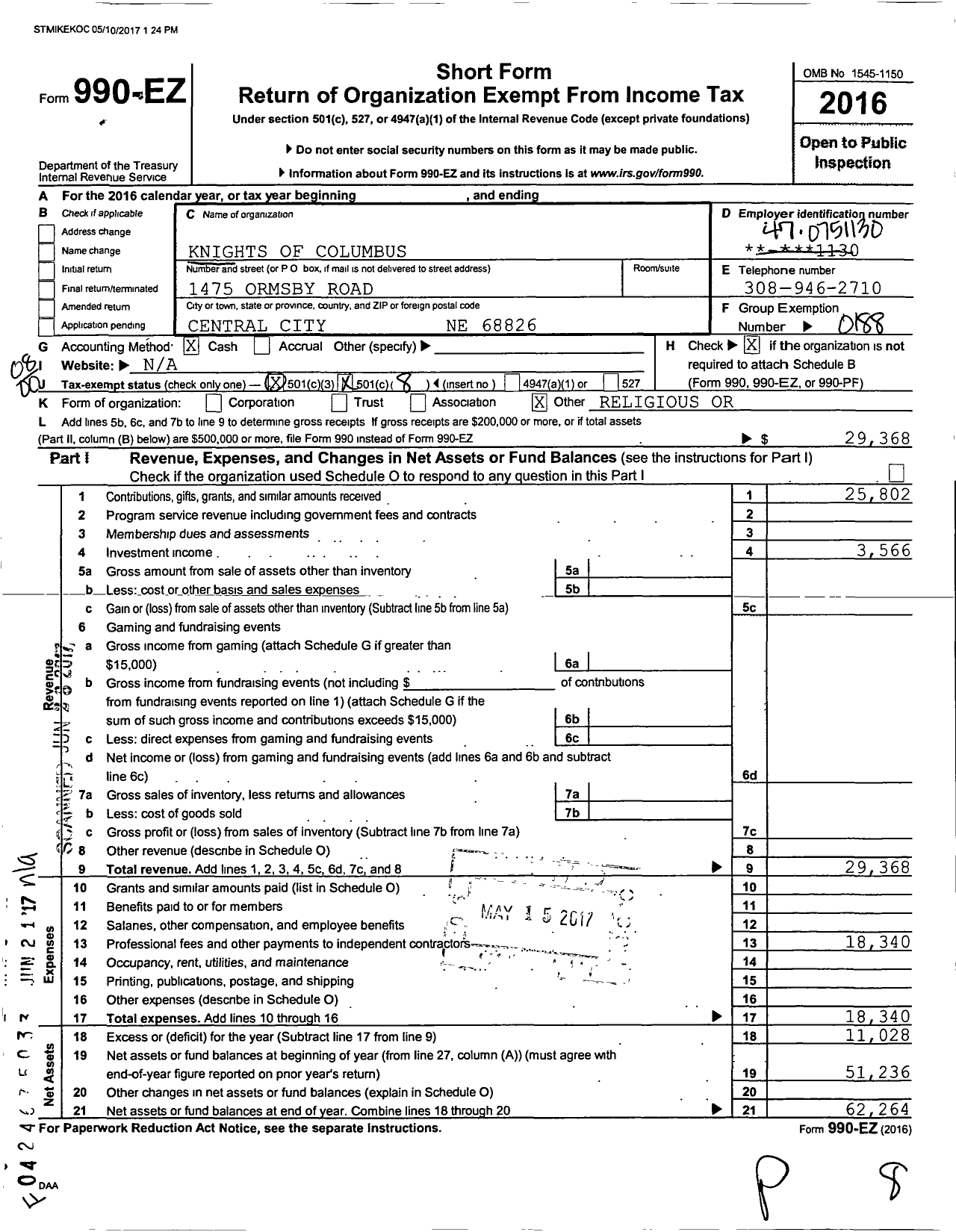 Image of first page of 2016 Form 990EO for Knights of Columbus - 10386 St Michaels Council