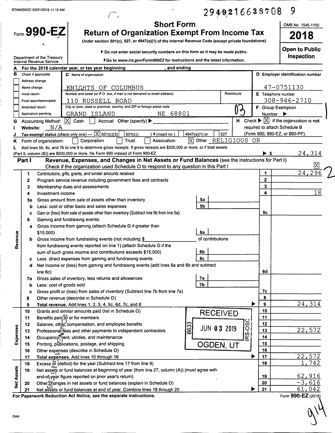 Image of first page of 2018 Form 990EZ for Knights of Columbus - 10386 St Michaels Council