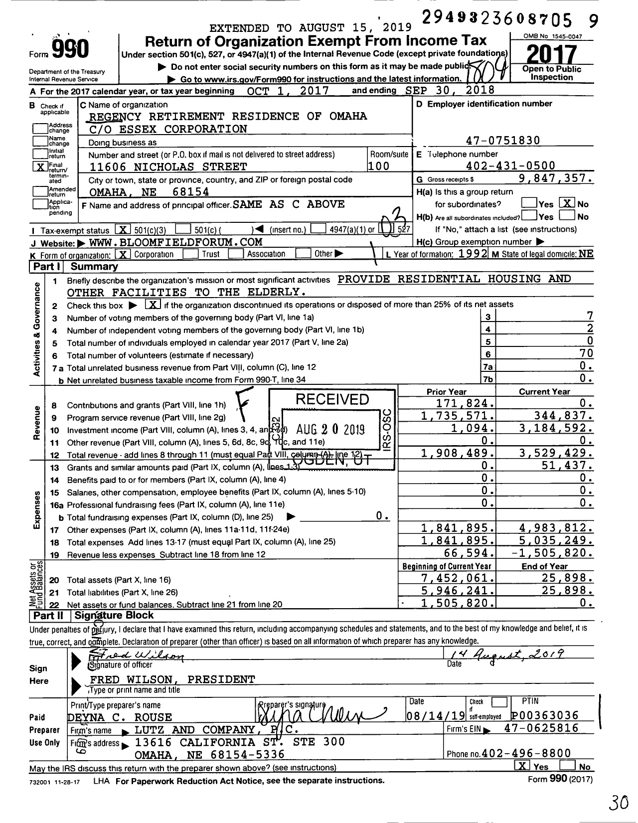 Image of first page of 2017 Form 990 for Regency Retirement Residence of Omaha