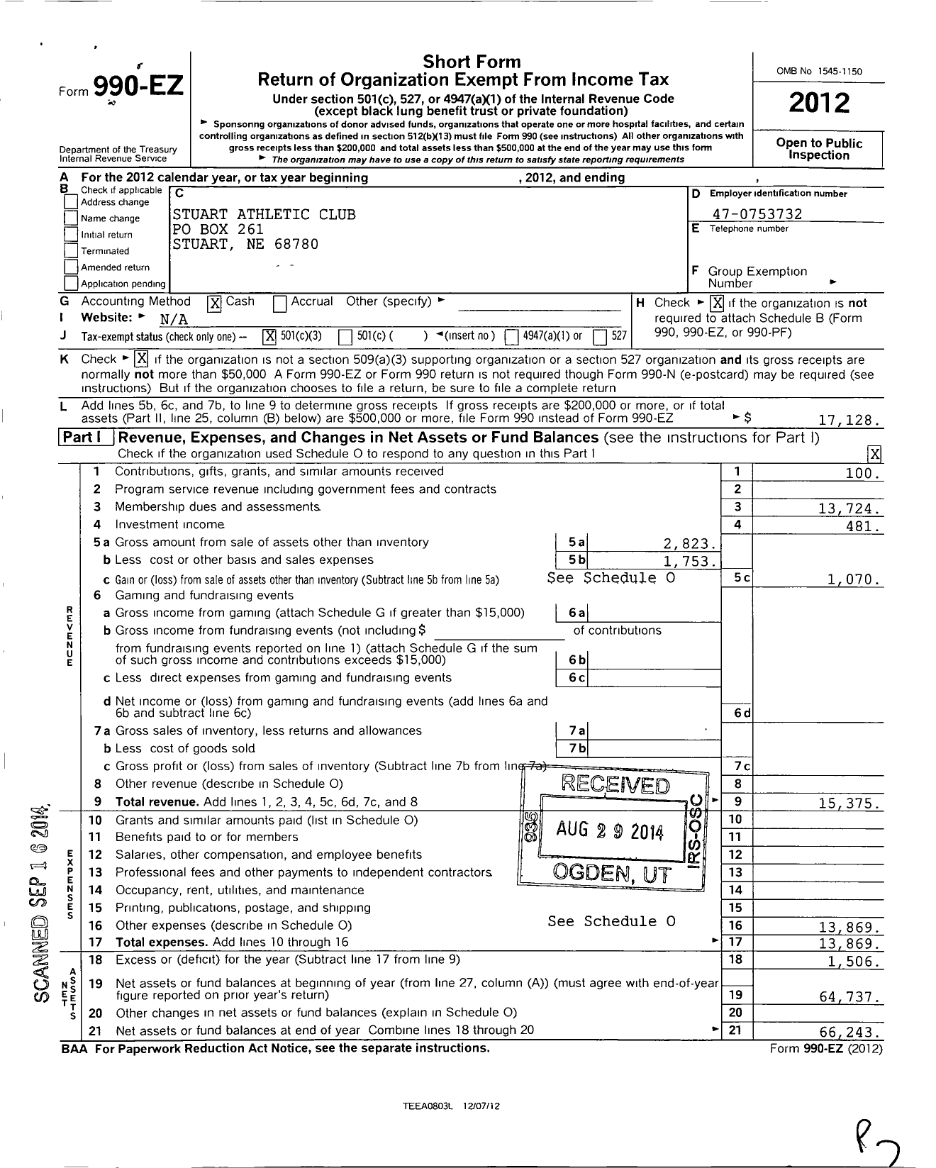 Image of first page of 2012 Form 990EZ for Stuart Athletic Club