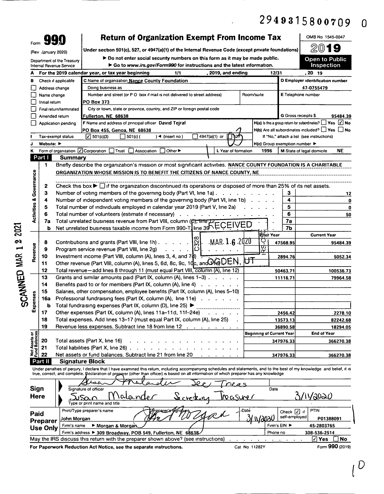 Image of first page of 2019 Form 990 for Nance County Foundation