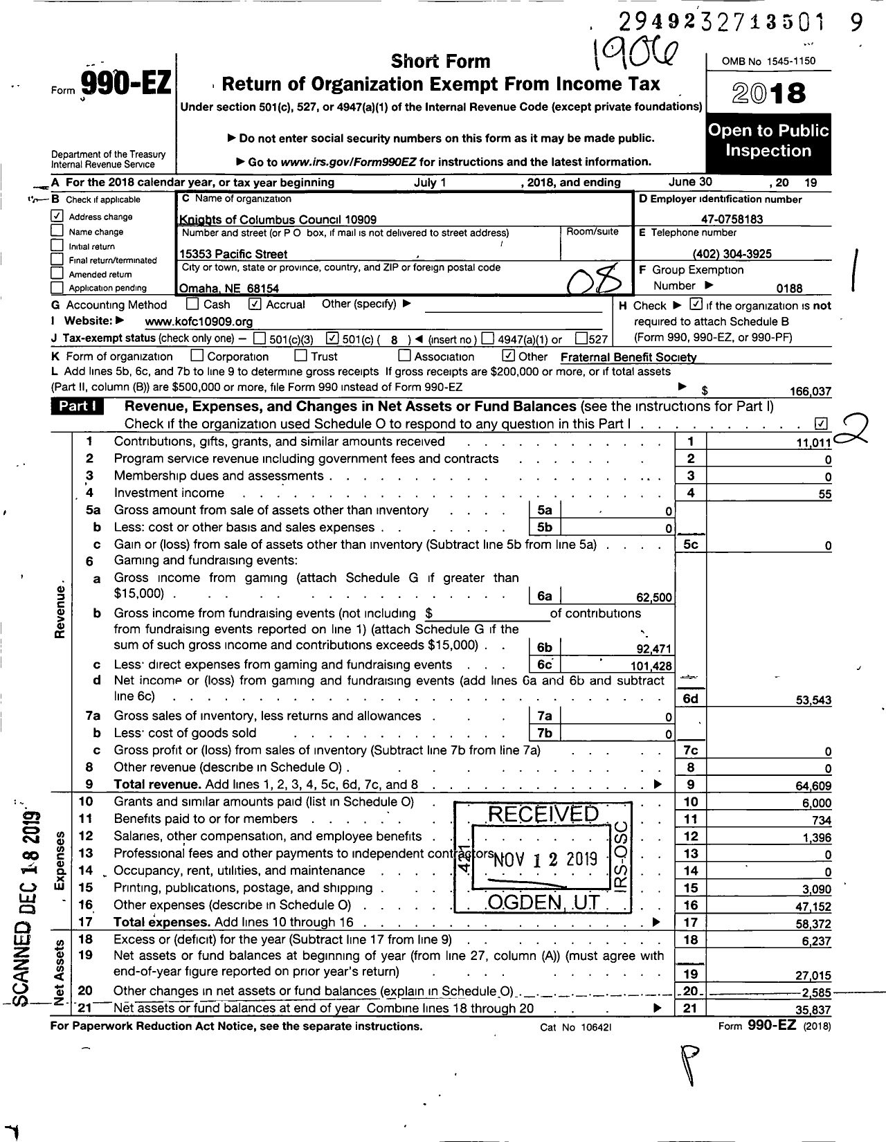 Image of first page of 2018 Form 990EO for Knights of Columbus - 10909 St Wenceslaus Council