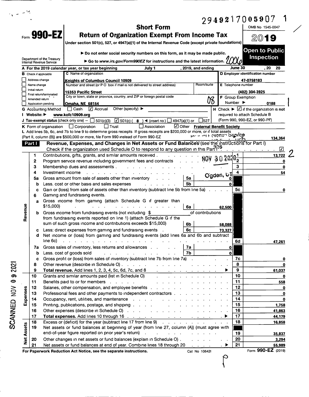 Image of first page of 2019 Form 990EO for Knights of Columbus Council 10909