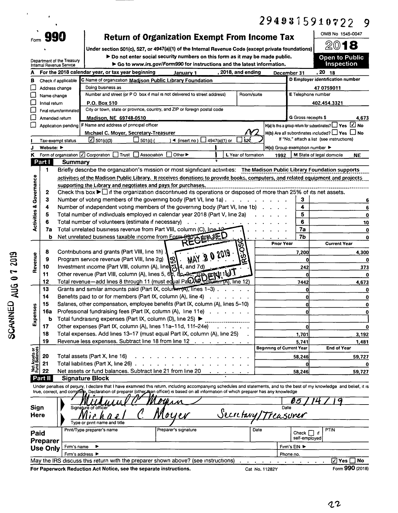 Image of first page of 2018 Form 990 for Madison Public Library Foundation