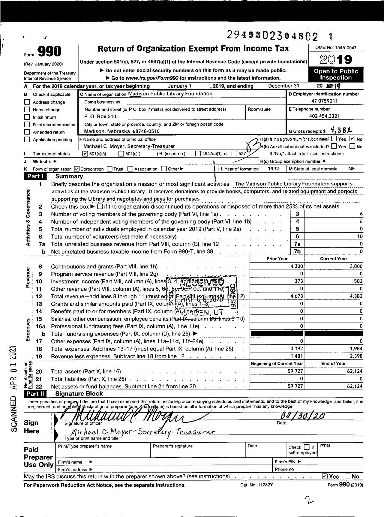 Image of first page of 2019 Form 990 for Madison Public Library Foundation