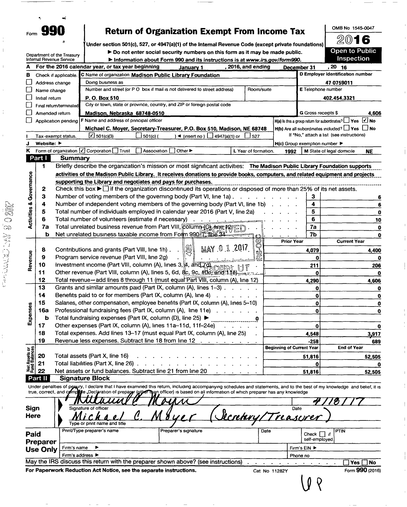 Image of first page of 2016 Form 990 for Madison Public Library Foundation