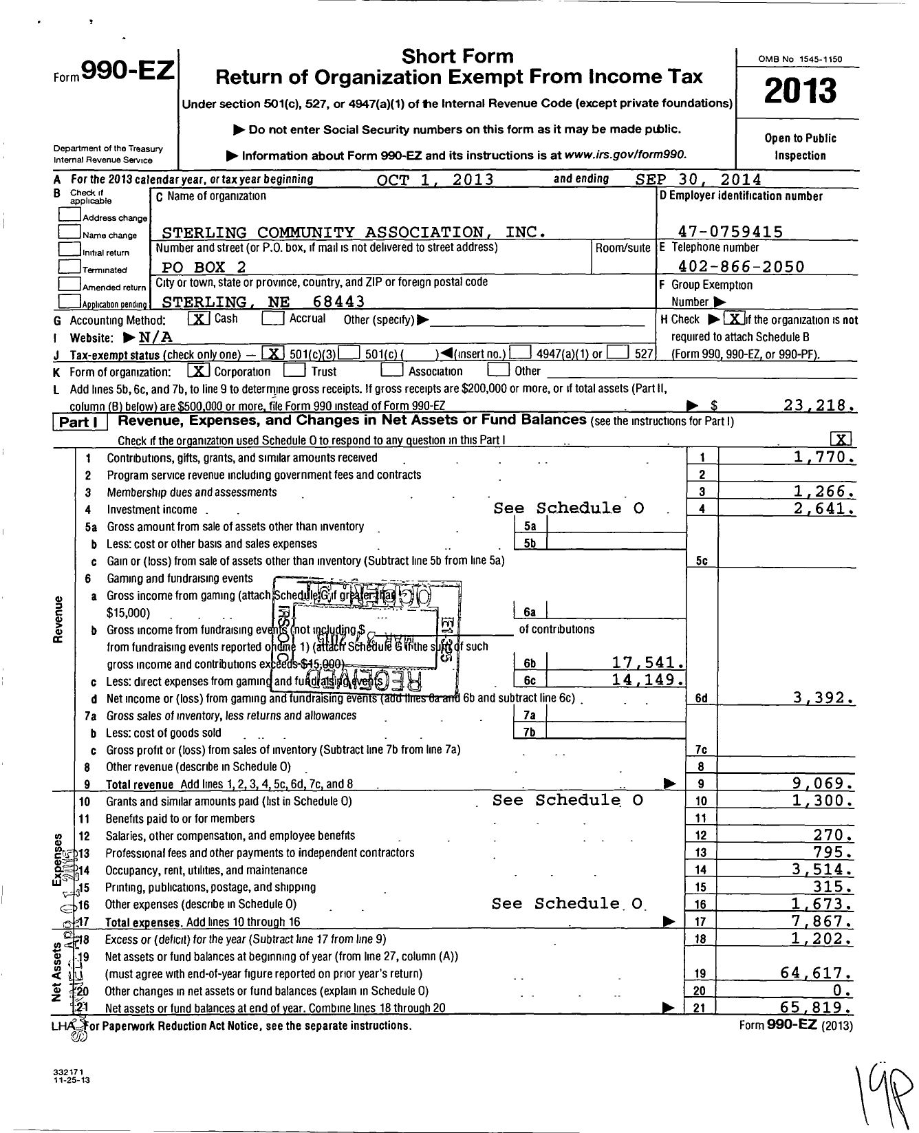 Image of first page of 2013 Form 990EZ for Sterling Community Association