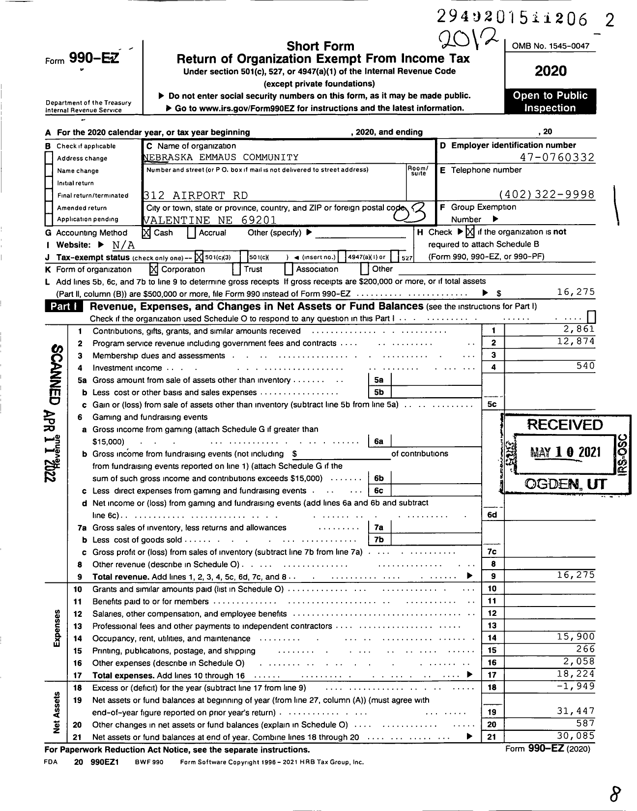 Image of first page of 2020 Form 990EZ for Nebraska Emmaus Community