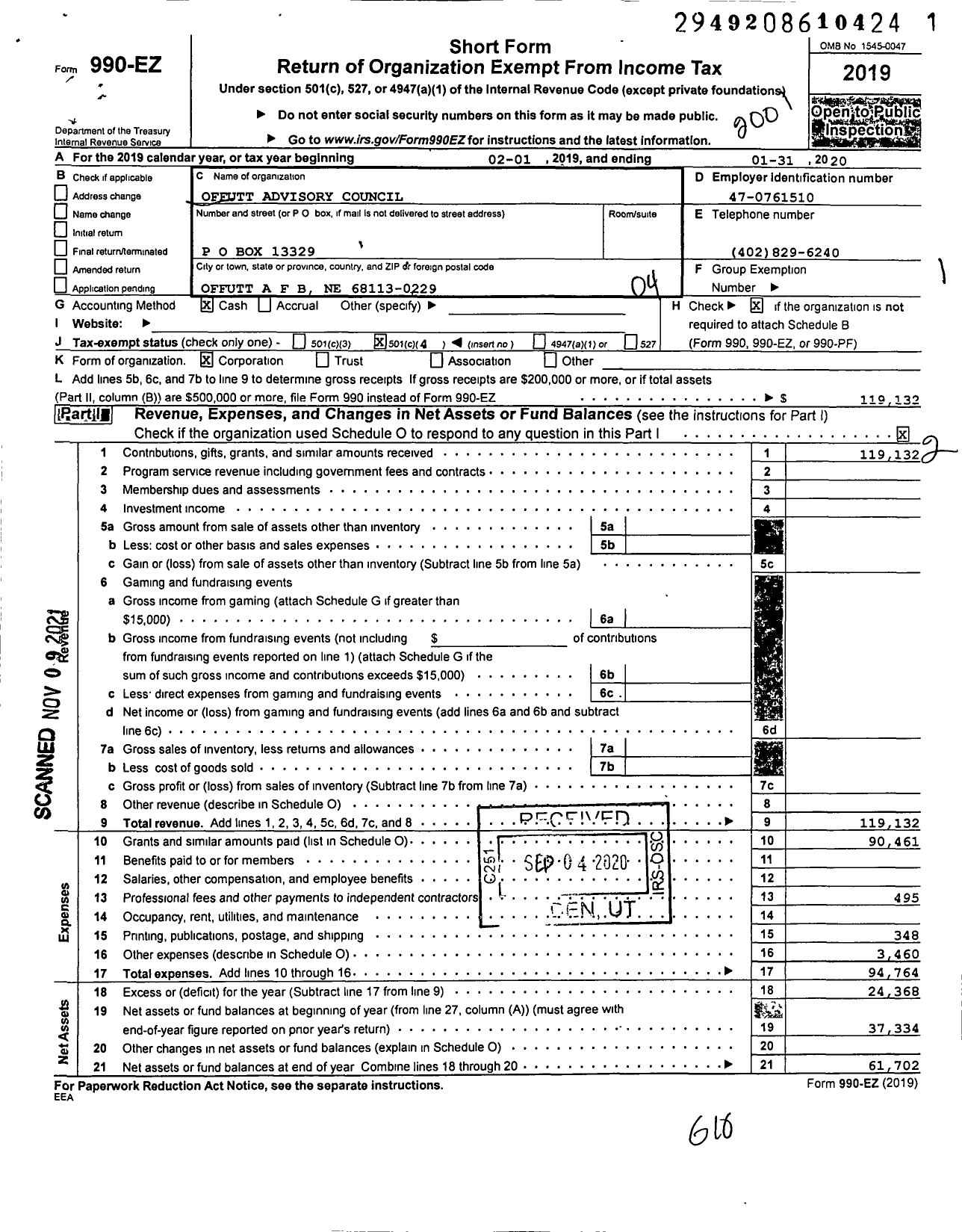 Image of first page of 2019 Form 990EO for Offutt Advisory Council