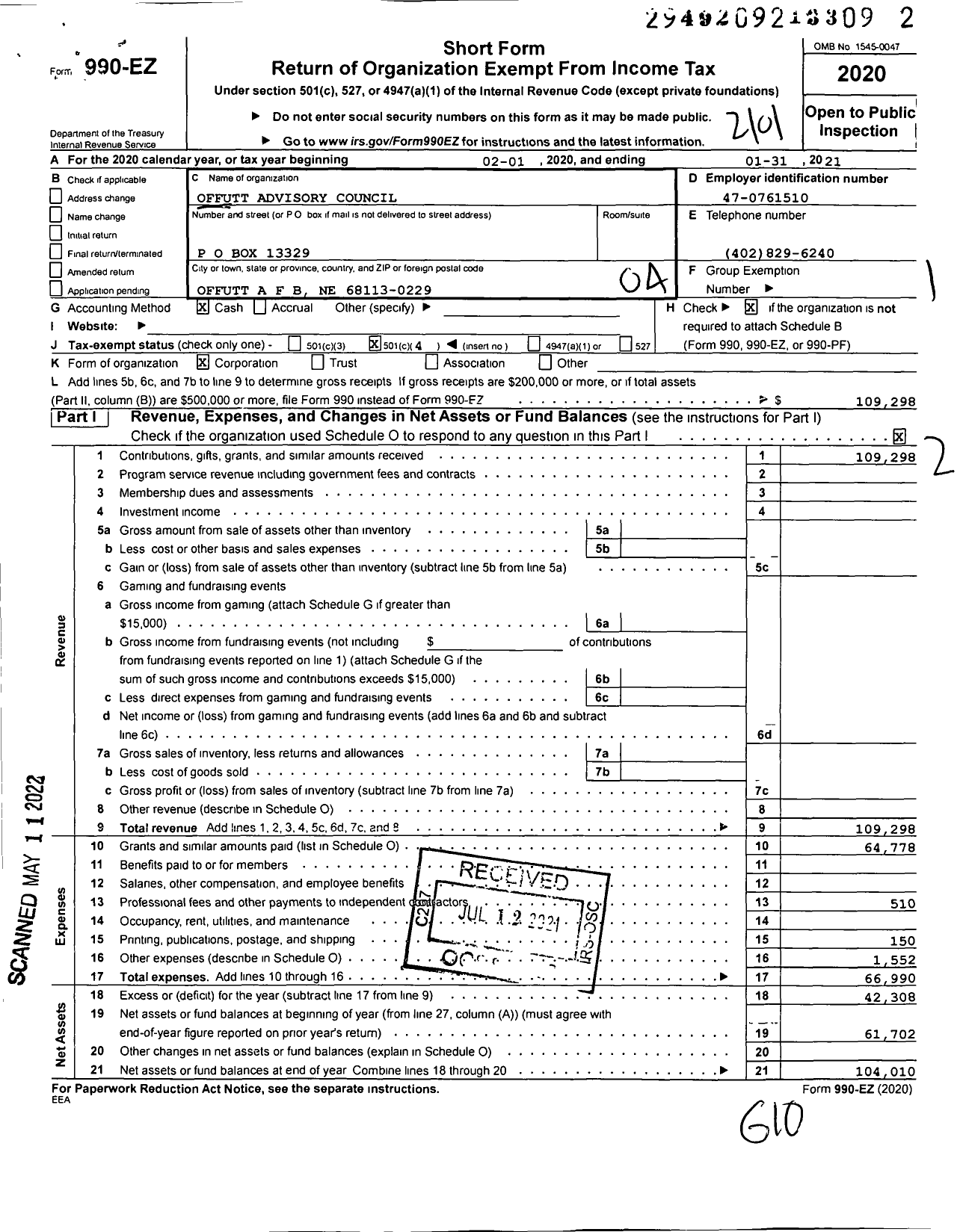 Image of first page of 2020 Form 990EO for Offutt Advisory Council