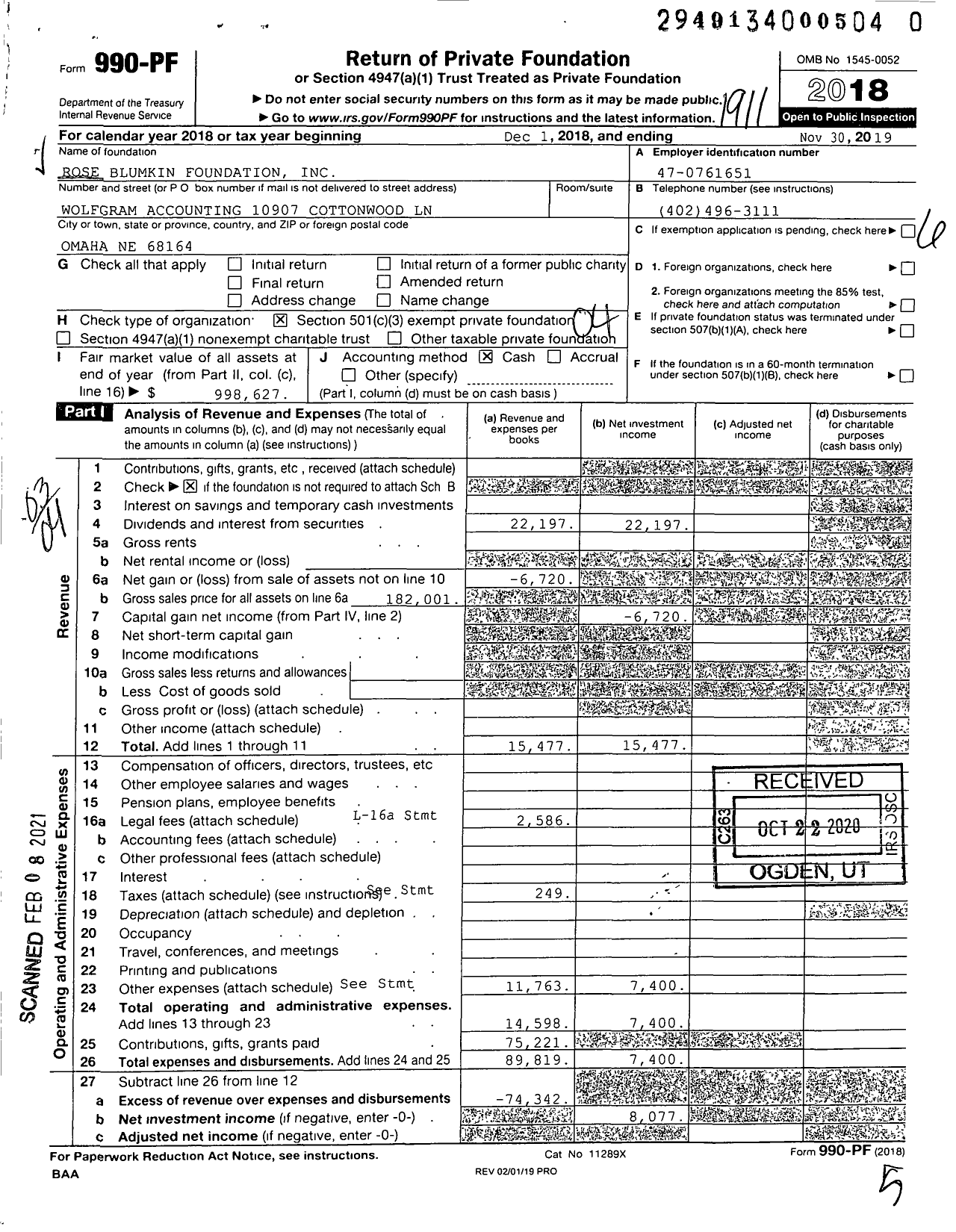 Image of first page of 2018 Form 990PF for Rose Blumkin Foundation