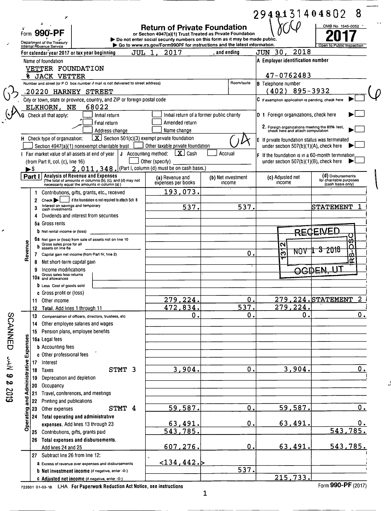 Image of first page of 2017 Form 990PF for Vetter Foundation