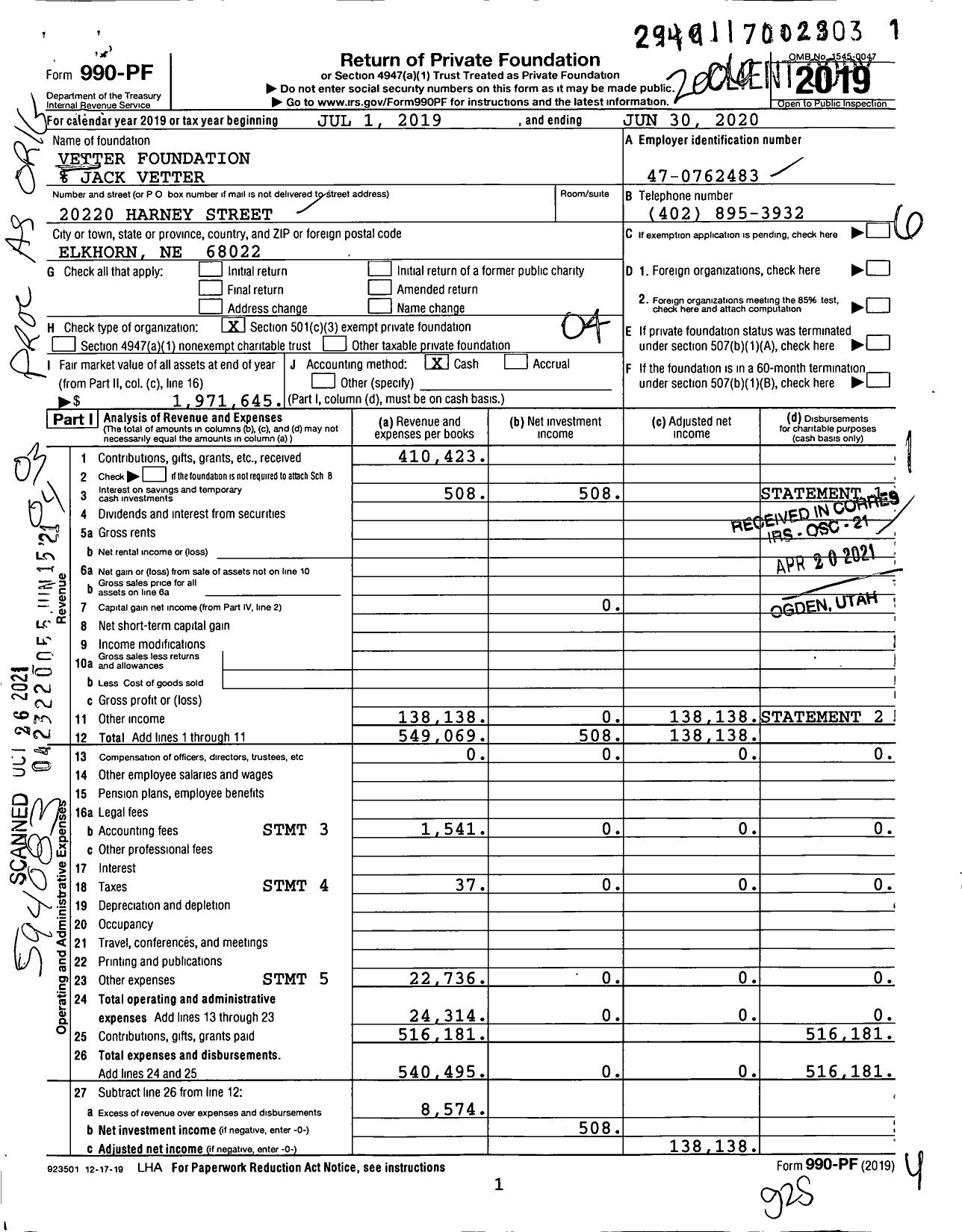 Image of first page of 2019 Form 990PF for Vetter Foundation