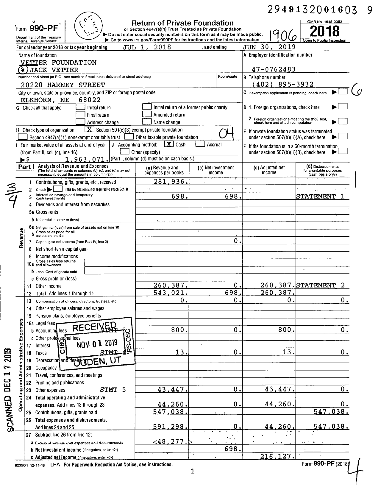 Image of first page of 2018 Form 990PF for Vetter Foundation