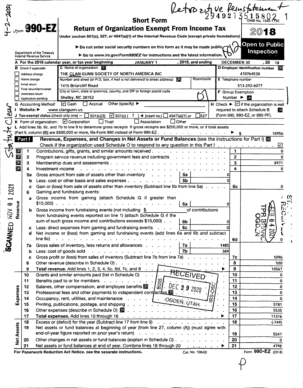 Image of first page of 2018 Form 990EO for Clan Gunn Society of North America