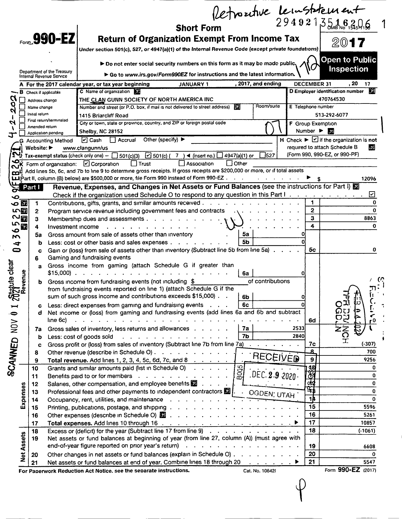 Image of first page of 2017 Form 990EO for Clan Gunn Society of North America