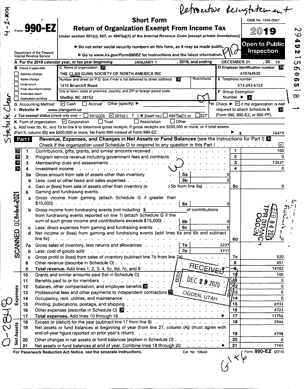 Image of first page of 2019 Form 990EO for Clan Gunn Society of North America