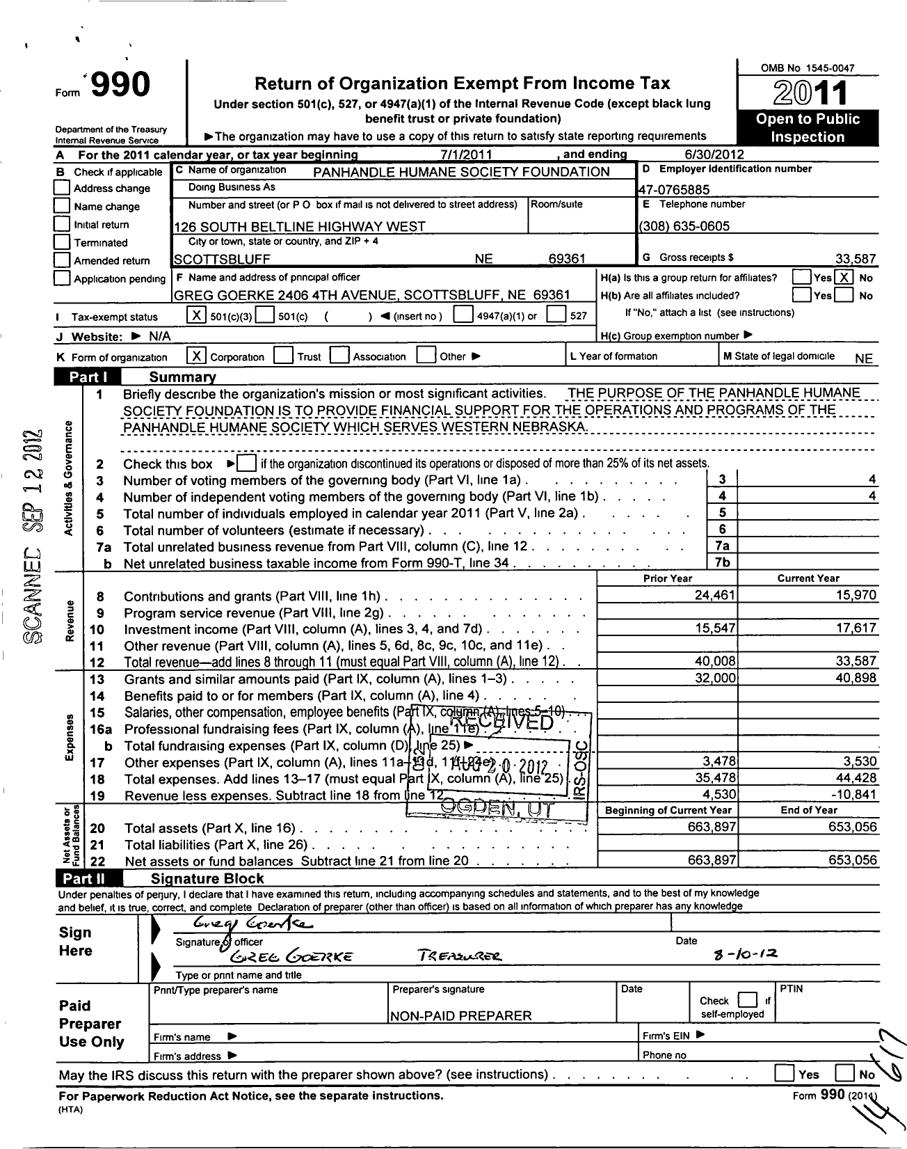 Image of first page of 2011 Form 990 for Panhandle Humane Society Foundation