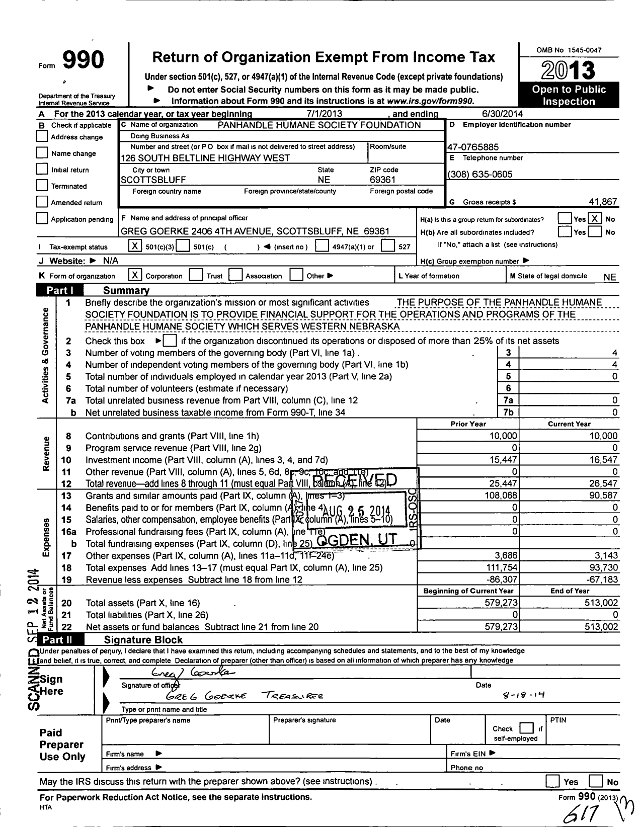 Image of first page of 2013 Form 990 for Panhandle Humane Society Foundation