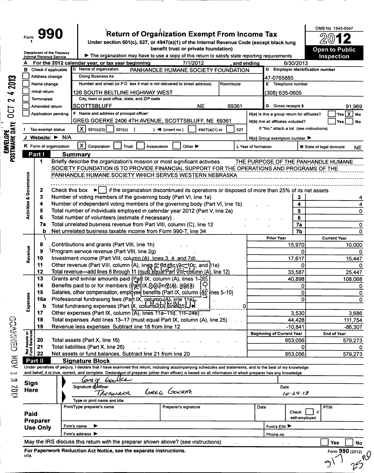 Image of first page of 2012 Form 990 for Panhandle Humane Society Foundation