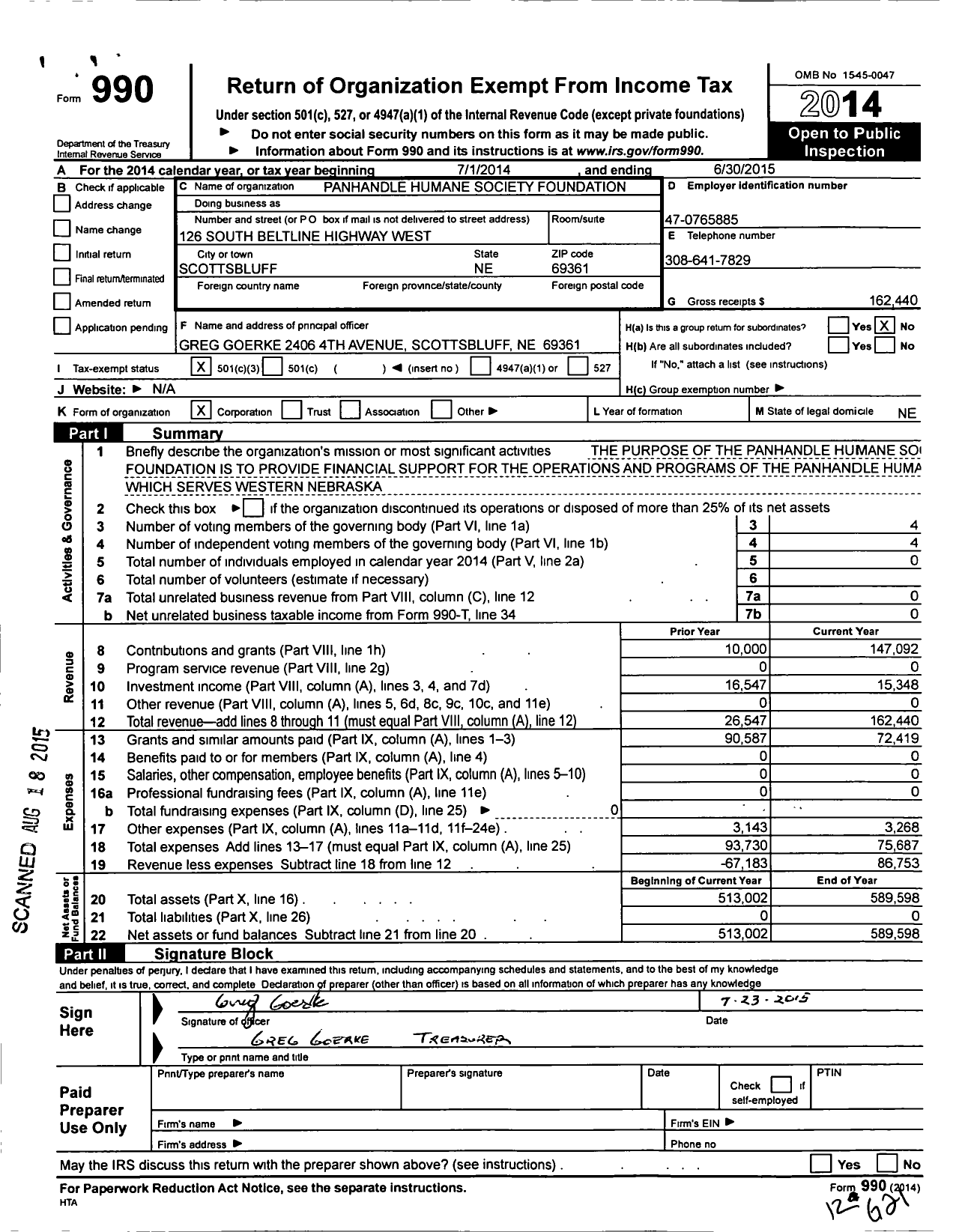 Image of first page of 2014 Form 990 for Panhandle Humane Society Foundation