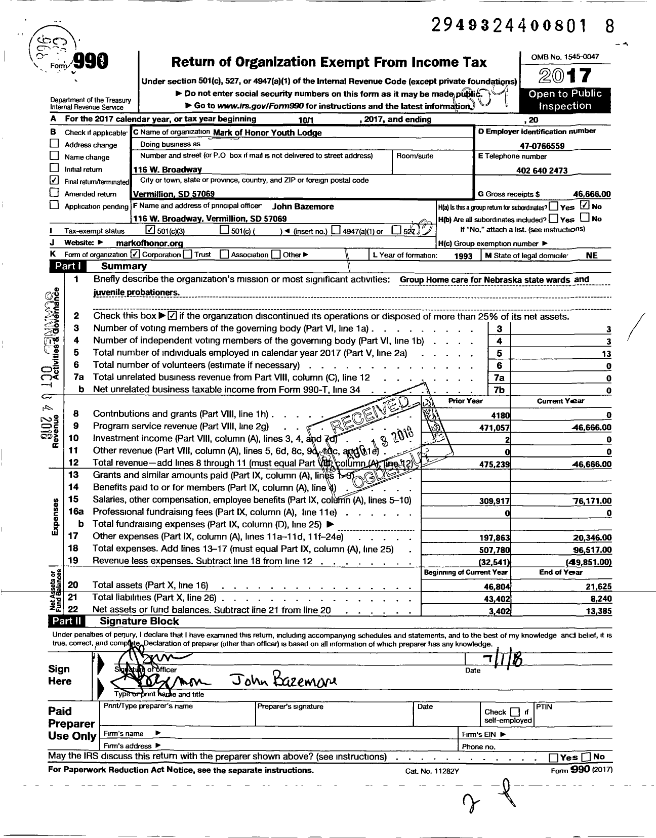 Image of first page of 2017 Form 990 for Mark of Honor Youth Lodge