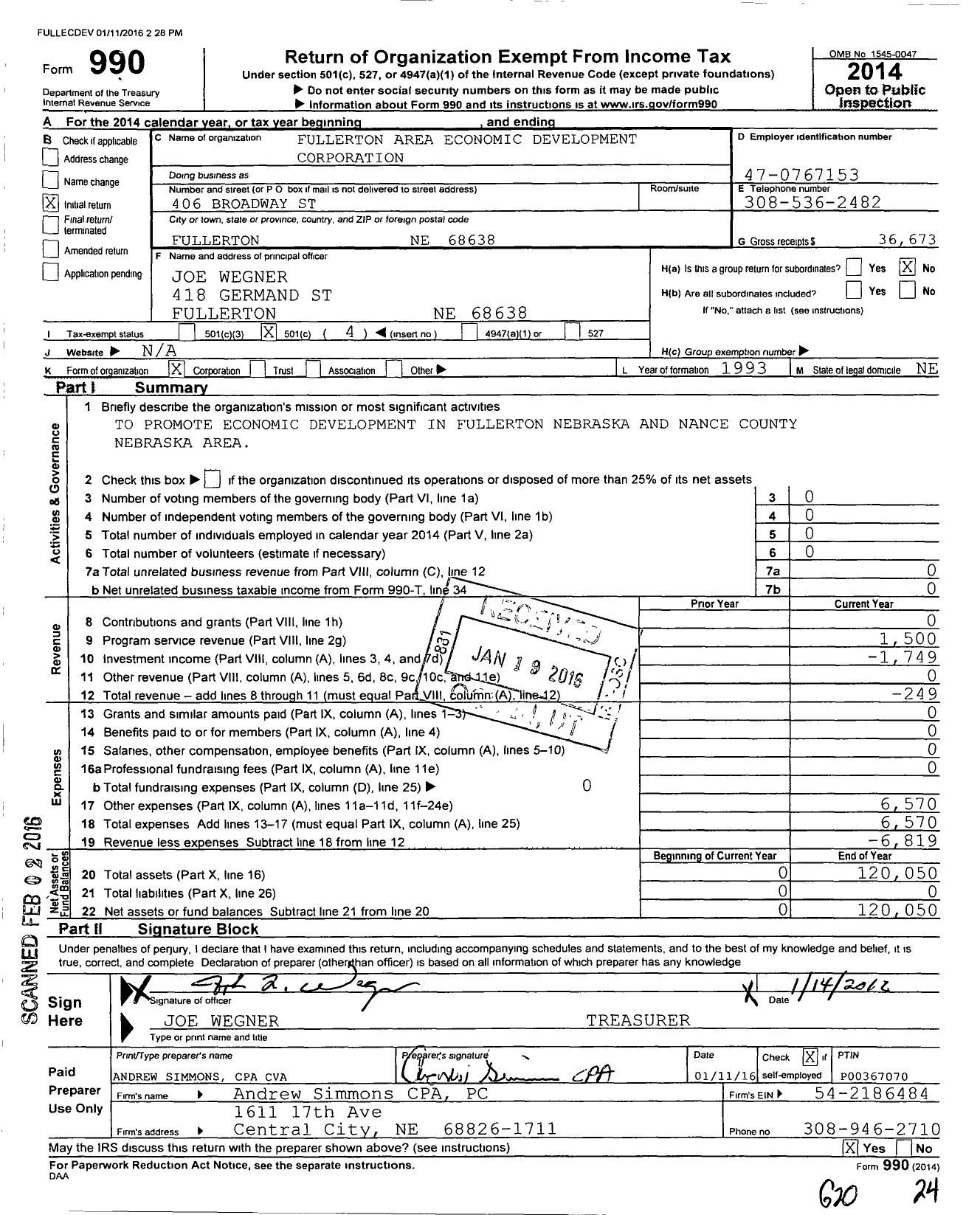 Image of first page of 2014 Form 990O for Fullerton Area Economic Development Corporation