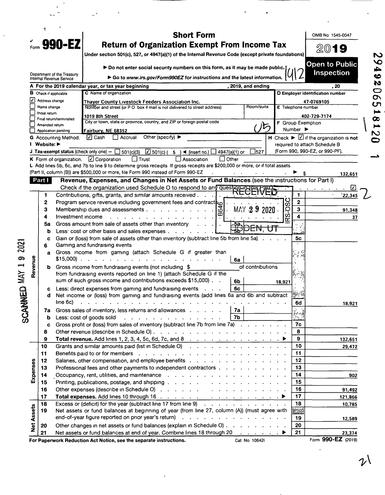 Image of first page of 2019 Form 990EO for Thayer County Livestock Feeders Association