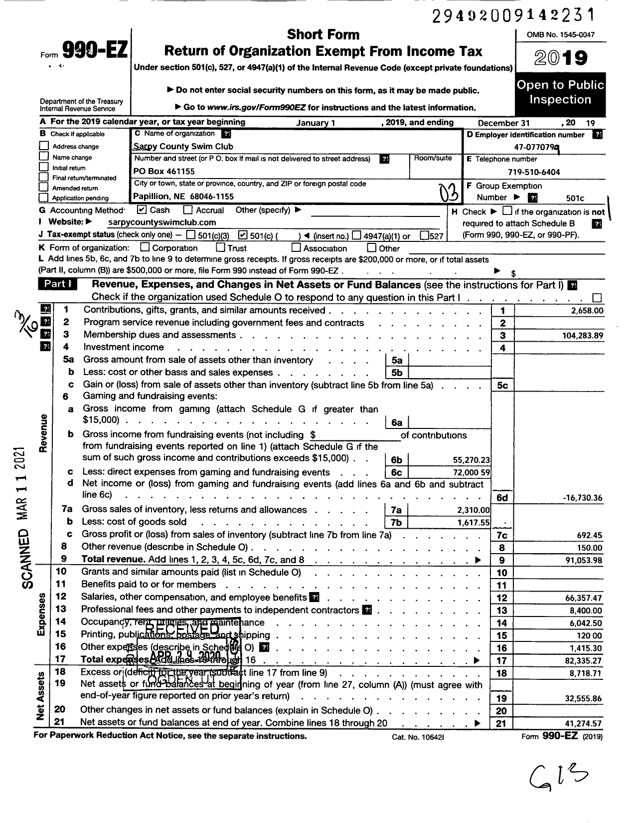 Image of first page of 2019 Form 990EZ for Sarpy County Swim Club