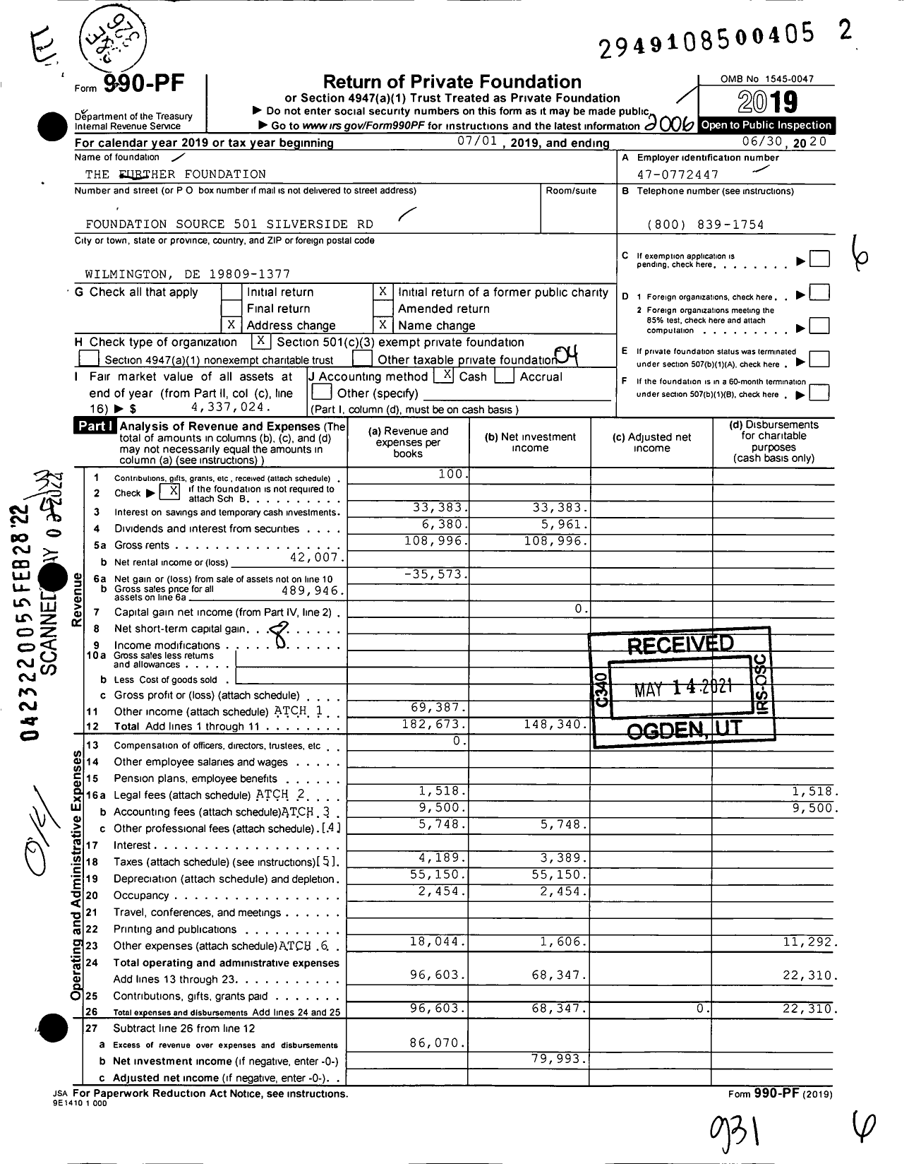 Image of first page of 2019 Form 990PF for The Further Foundation (DSN)