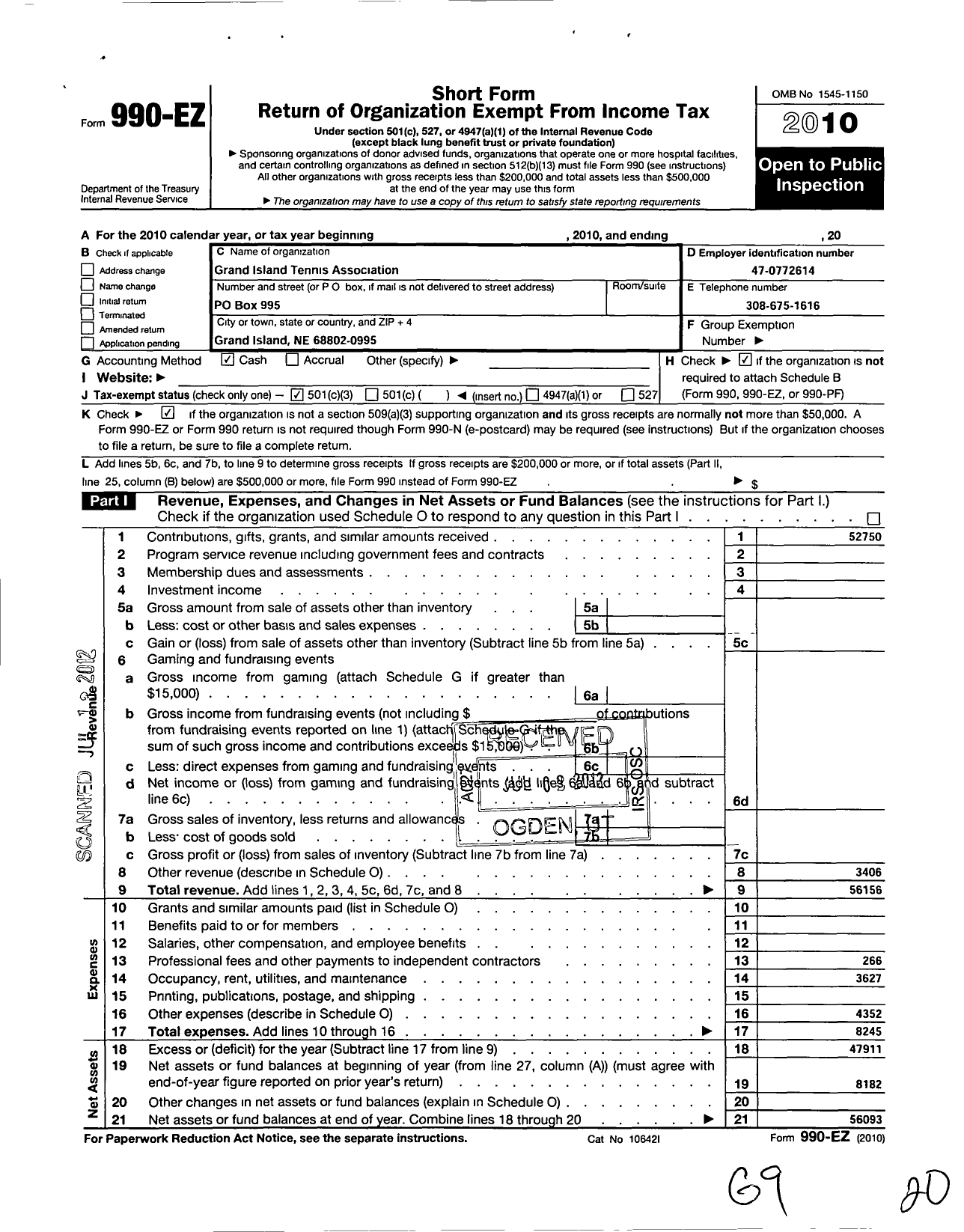 Image of first page of 2010 Form 990EZ for Grand Island Tennis Association