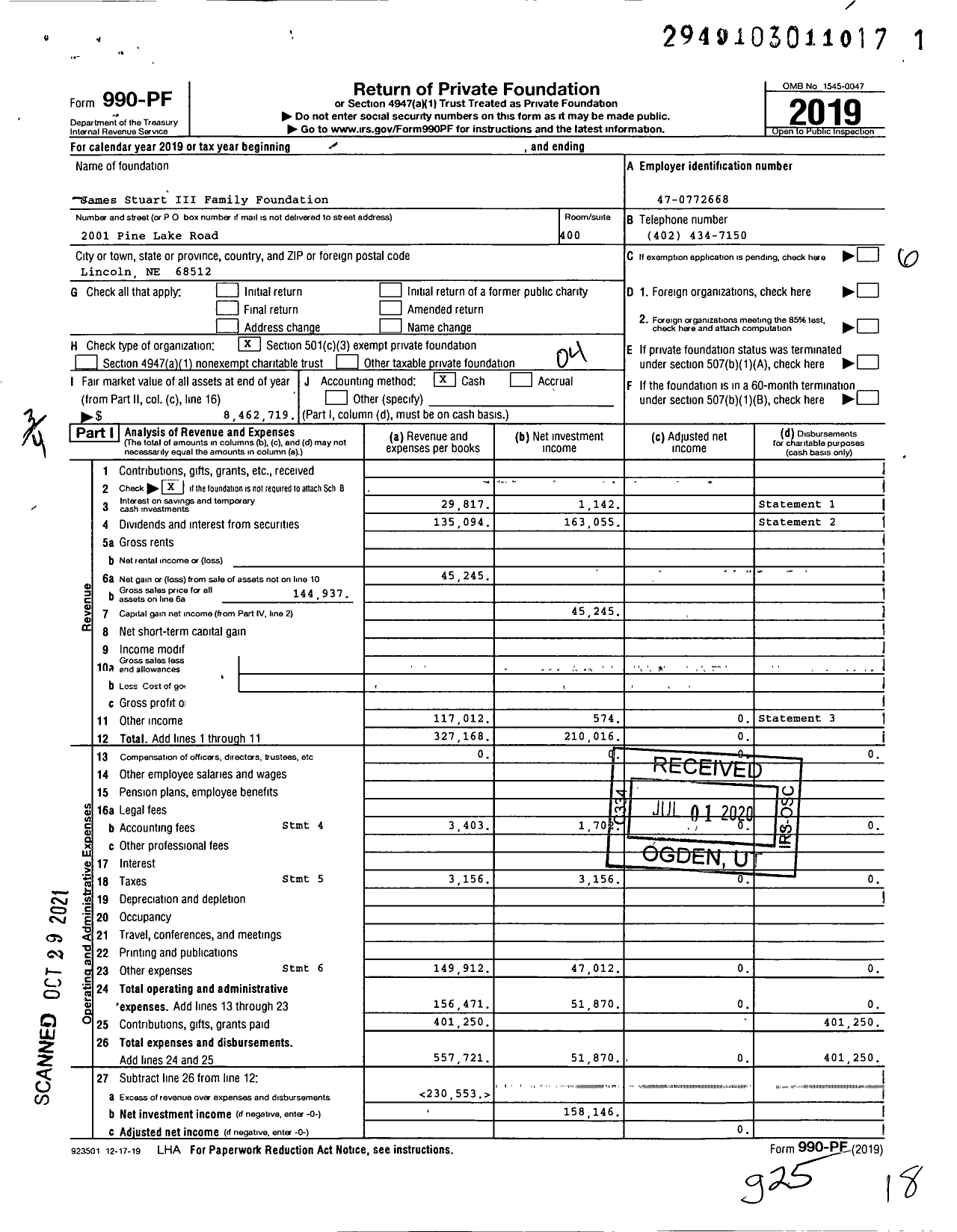 Image of first page of 2019 Form 990PF for James Stuart III Family Foundation