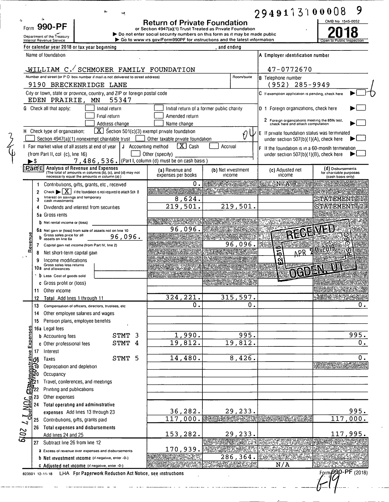Image of first page of 2018 Form 990PF for William C Schmoker Family Foundation