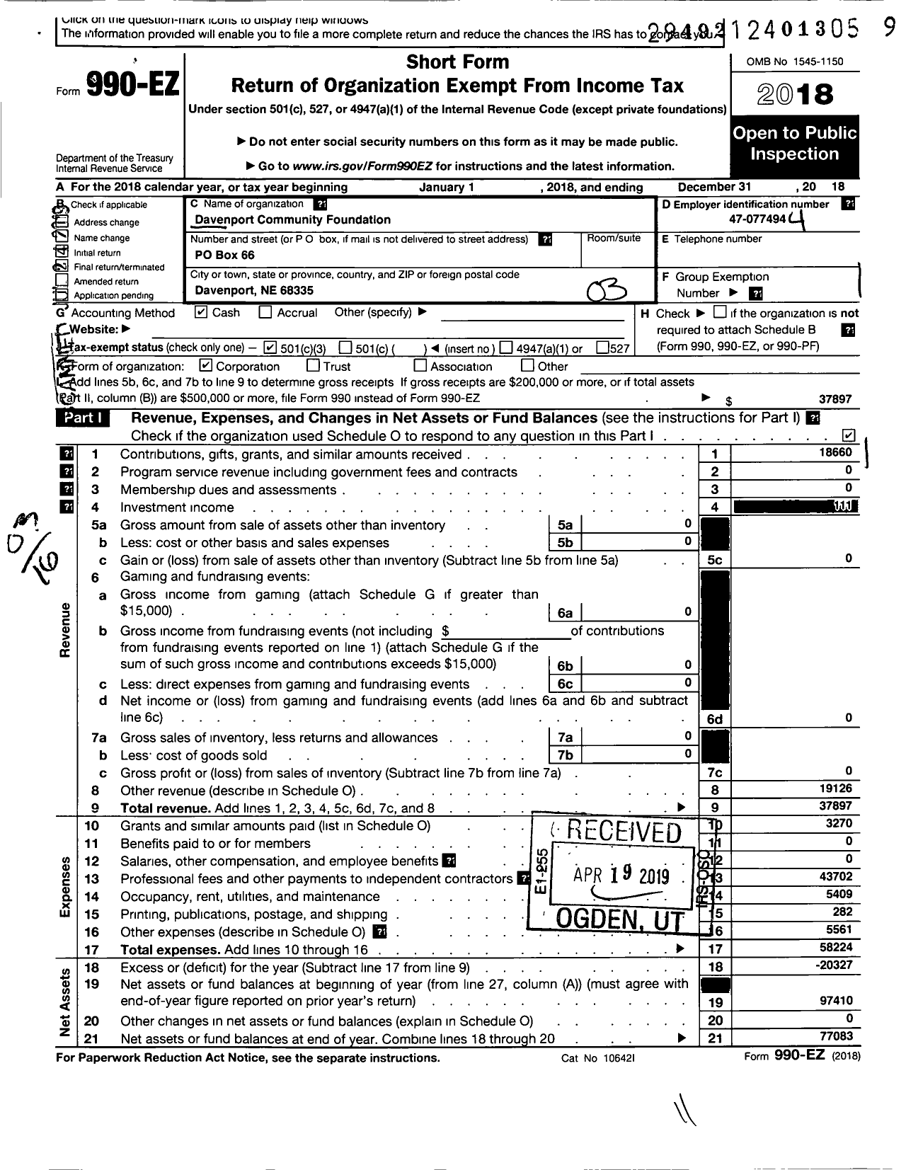 Image of first page of 2018 Form 990EZ for Davenport Community Foundation