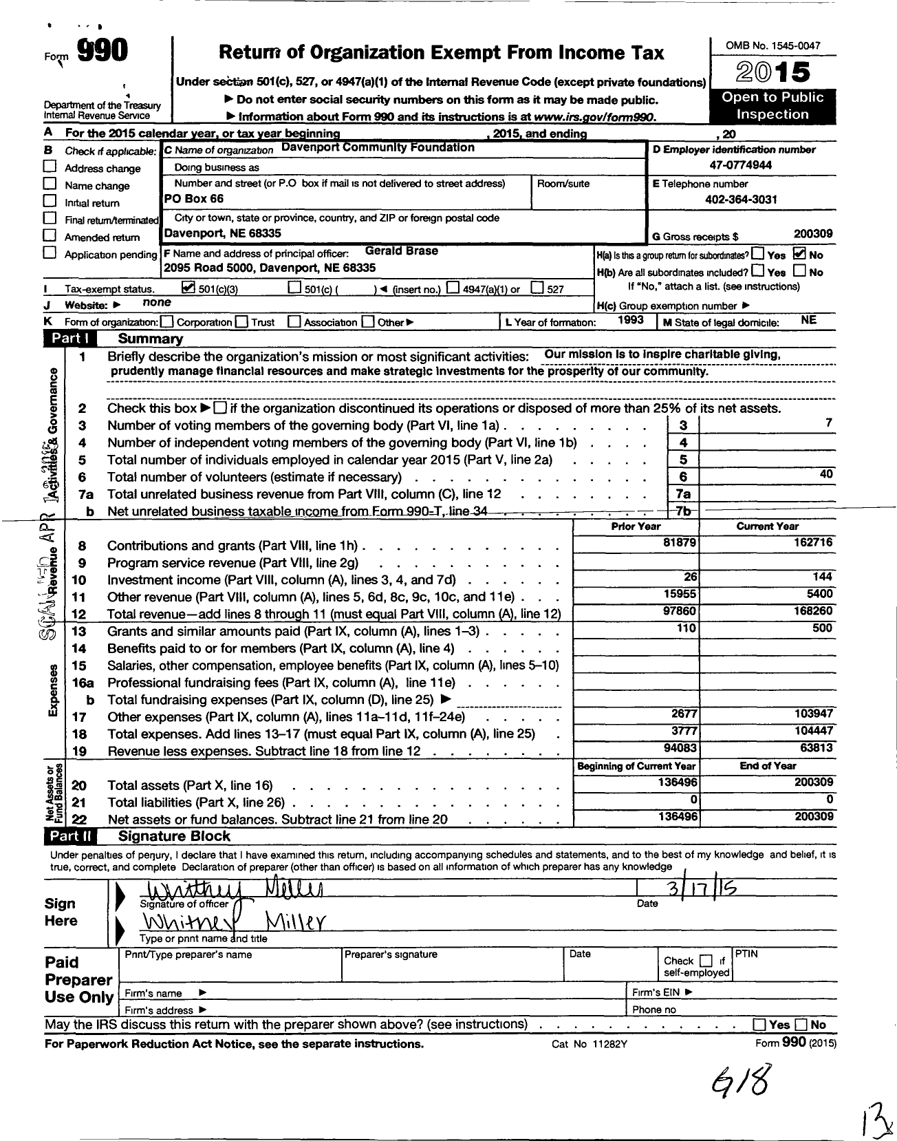 Image of first page of 2015 Form 990 for Davenport Community Foundation