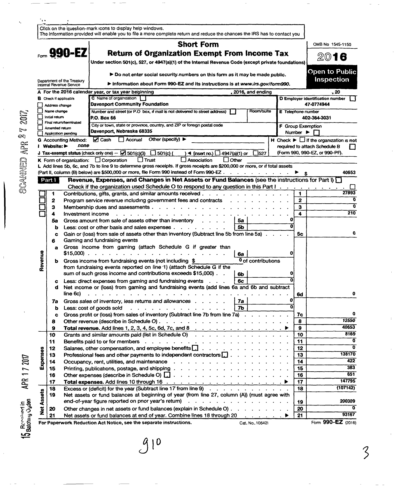 Image of first page of 2016 Form 990EZ for Davenport Community Foundation