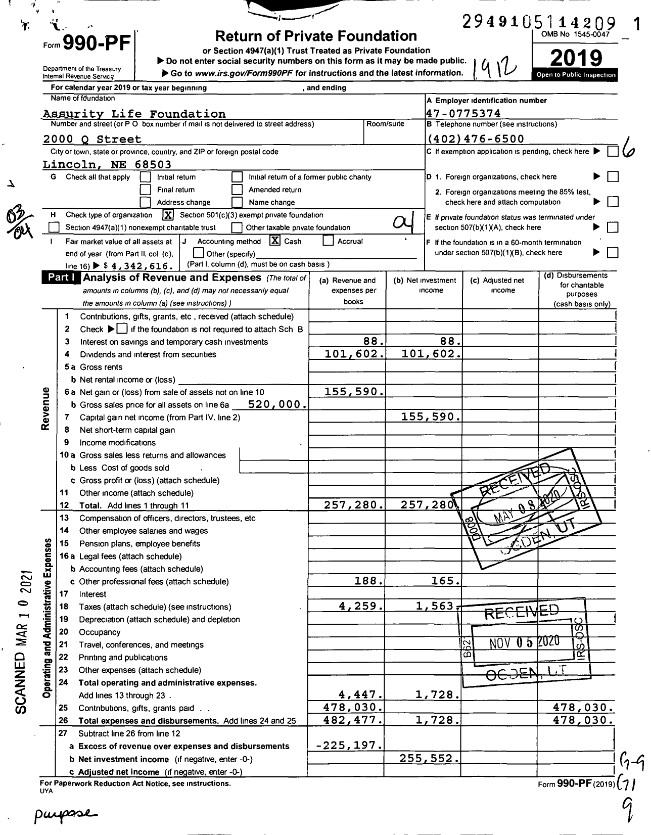 Image of first page of 2019 Form 990PF for Assurity Life Foundation