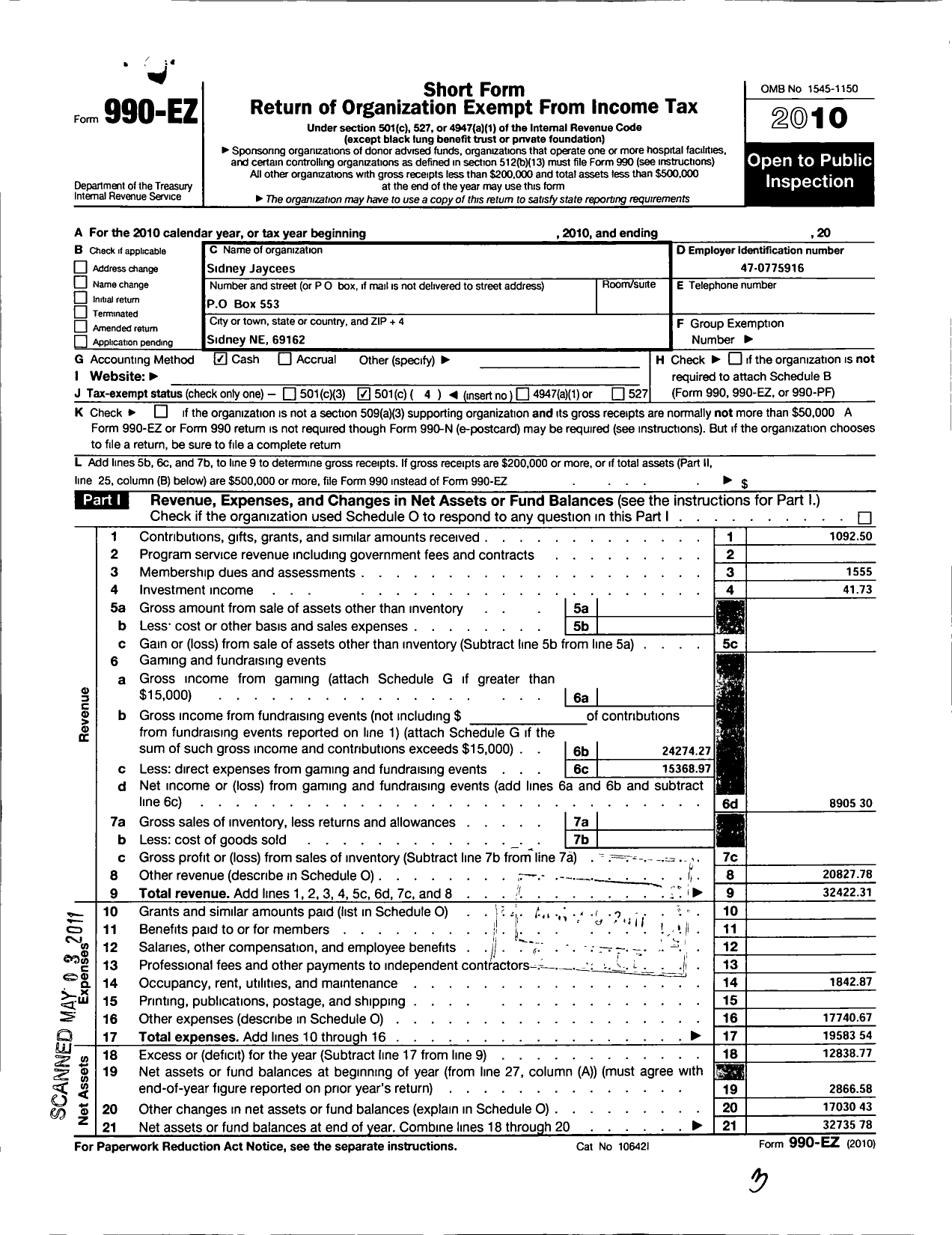 Image of first page of 2010 Form 990EO for United States Junior Chamber of Commerce / Sidney