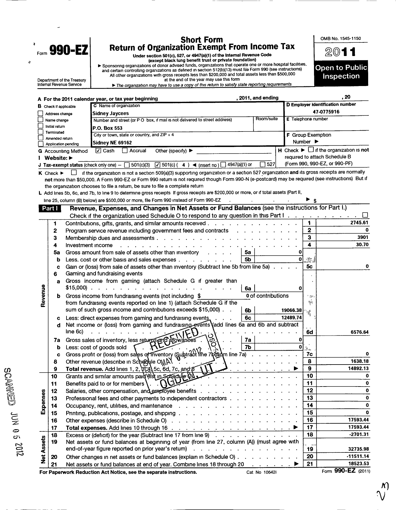 Image of first page of 2011 Form 990EO for United States Junior Chamber of Commerce / Sidney