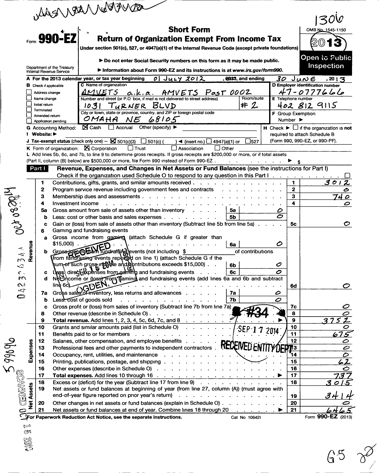 Image of first page of 2012 Form 990EZ for Amvets - Amvets / Amvets Post 0002