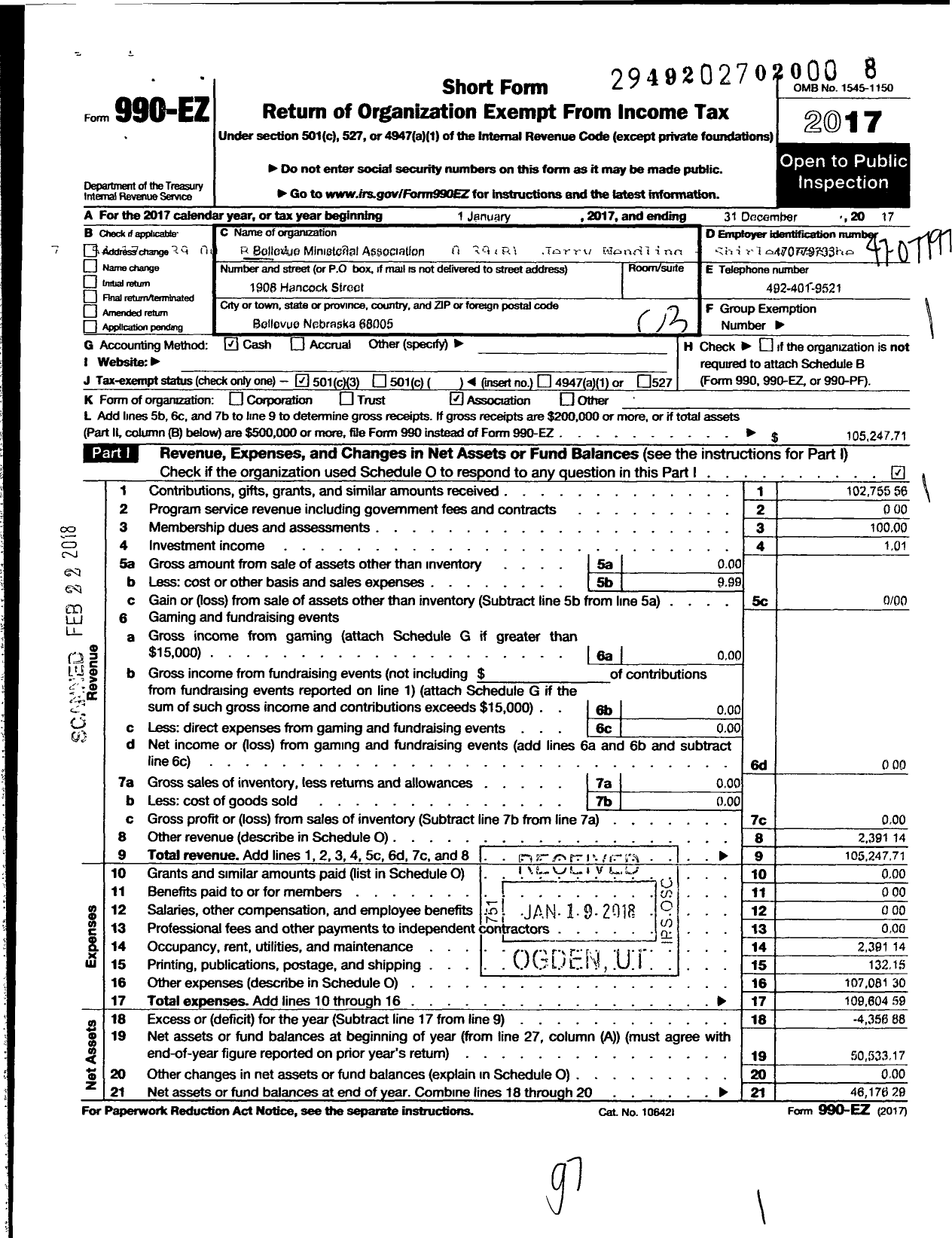 Image of first page of 2017 Form 990EZ for Bellevue Ministerial Association