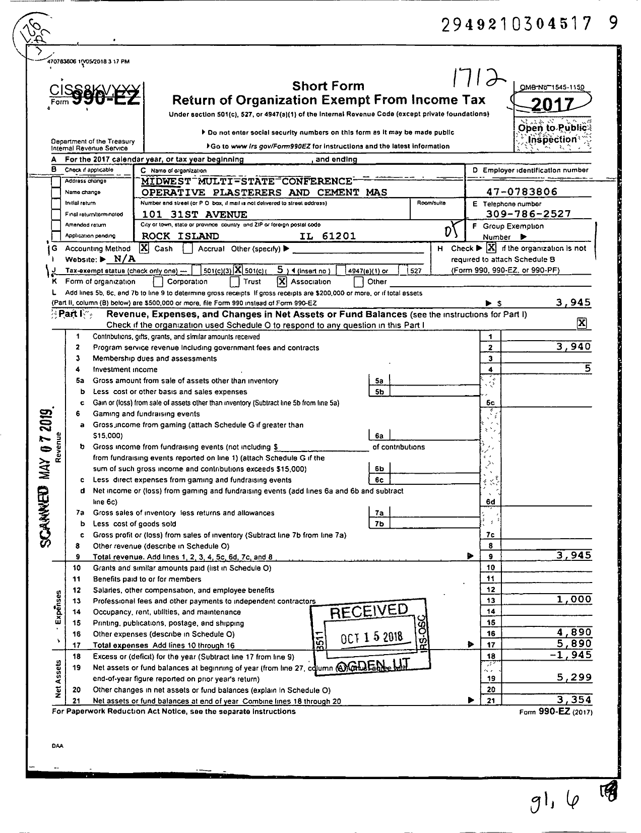 Image of first page of 2017 Form 990EO for Midwest Multi-State Conference Operative Plasters and Cement