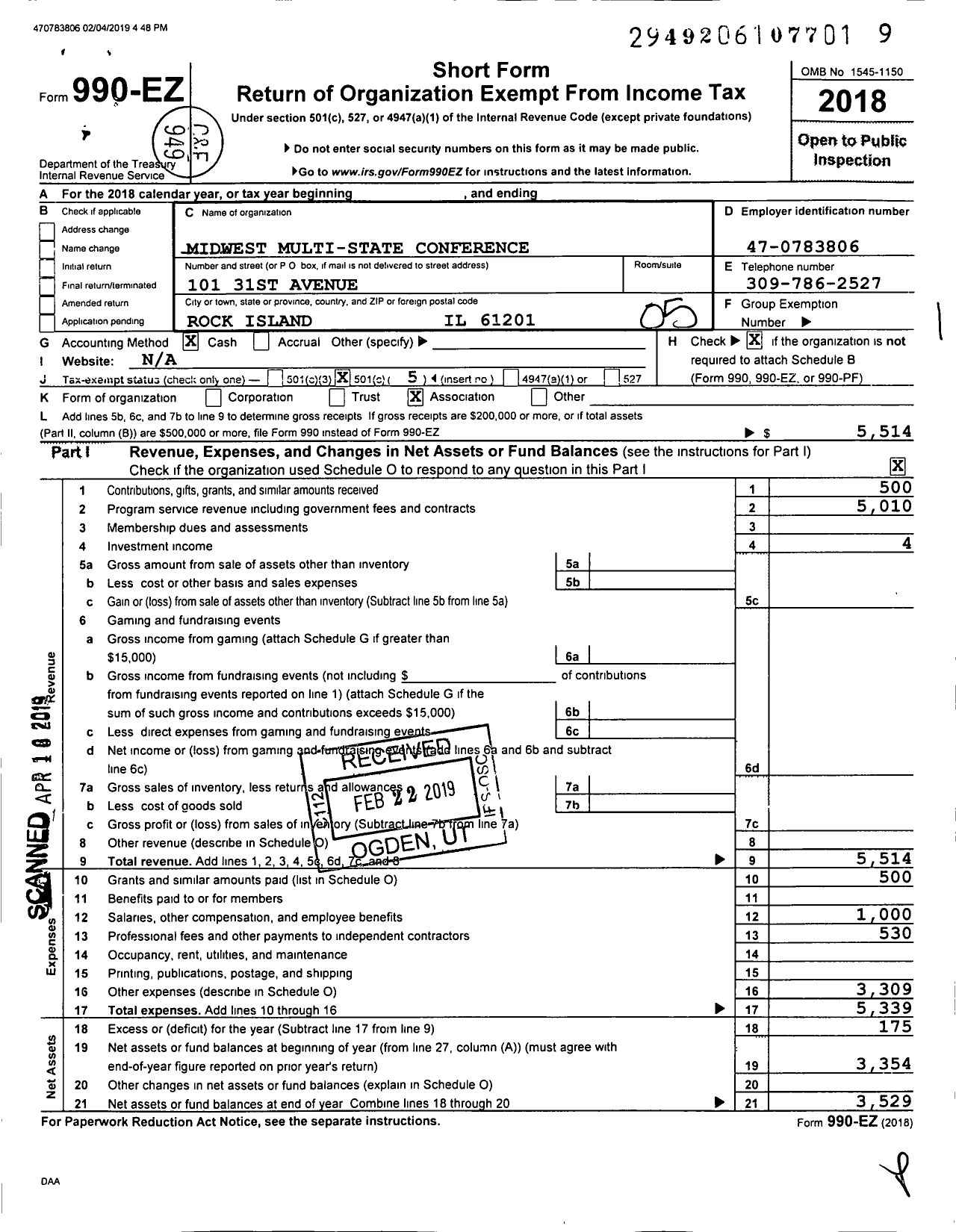 Image of first page of 2018 Form 990EO for Midwest Multi-State Conference Operative Plasters and Cement