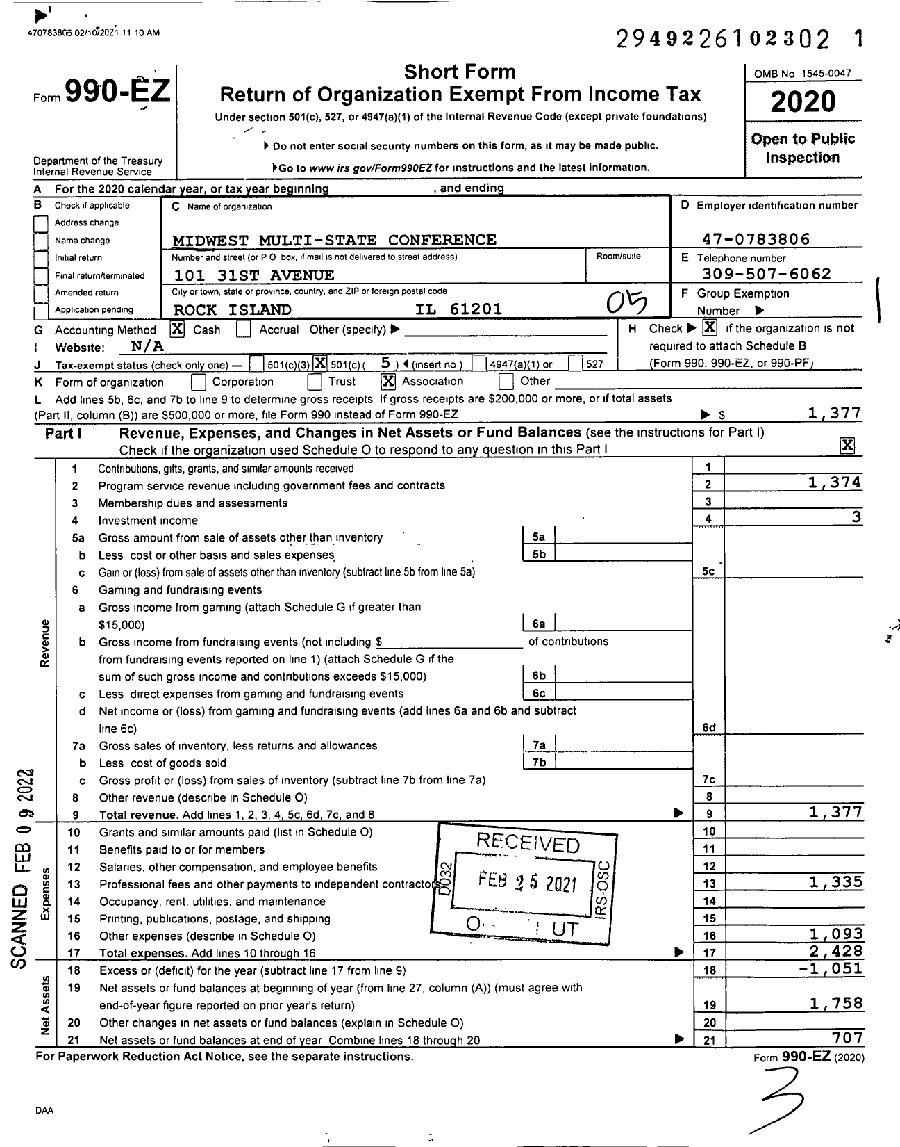 Image of first page of 2020 Form 990EO for Midwest Multi-State Conference Operative Plasters and Cement