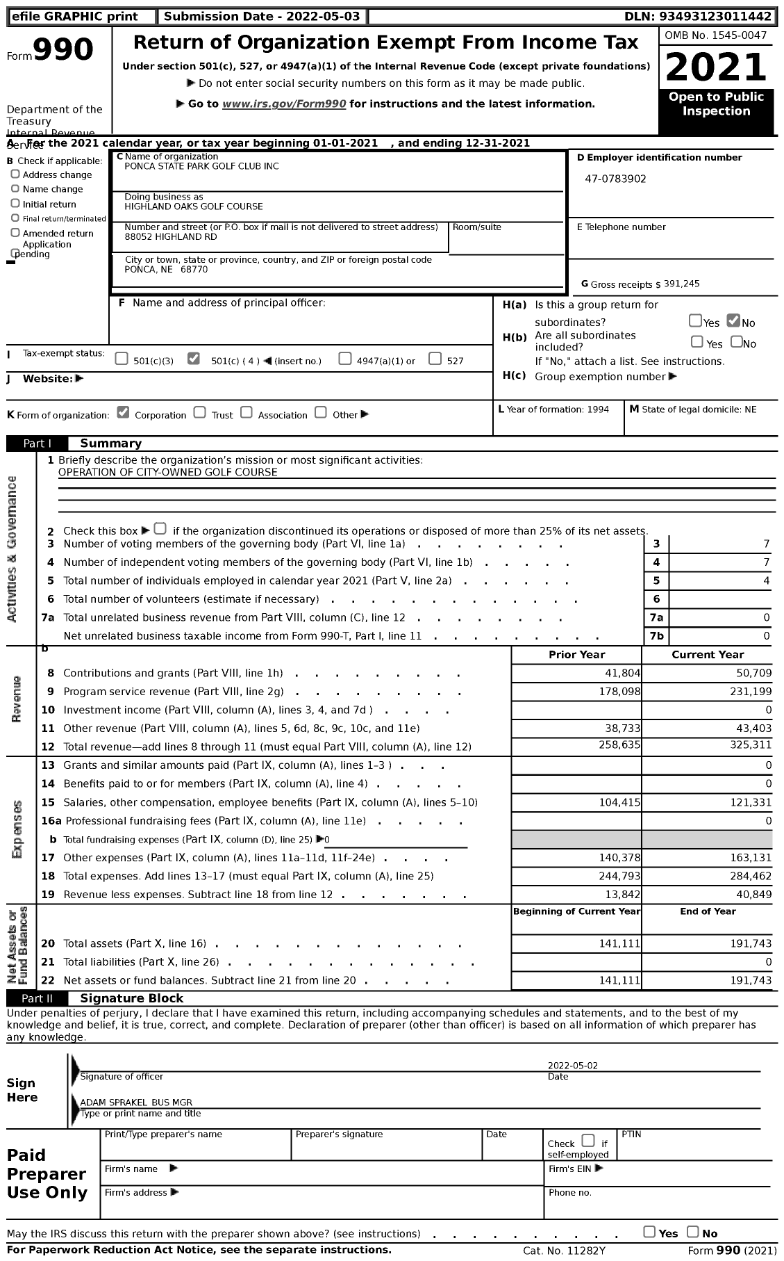 Image of first page of 2021 Form 990 for Highland Oaks Golf Course