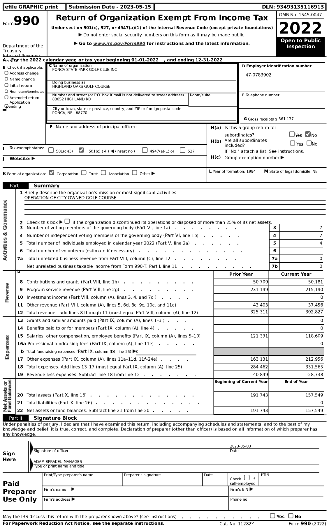 Image of first page of 2022 Form 990 for Highland Oaks Golf Course