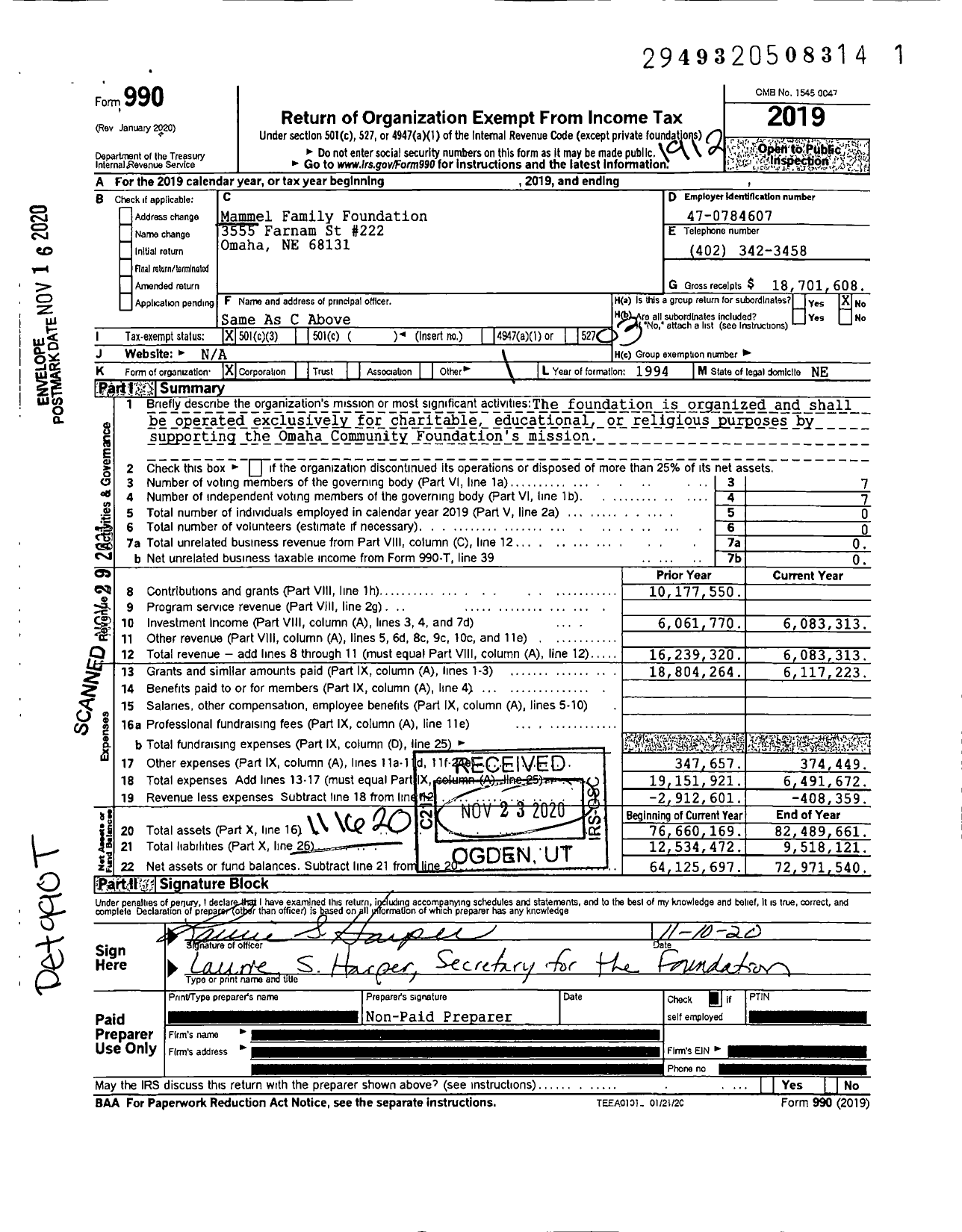 Image of first page of 2019 Form 990 for Mammel Family Foundation