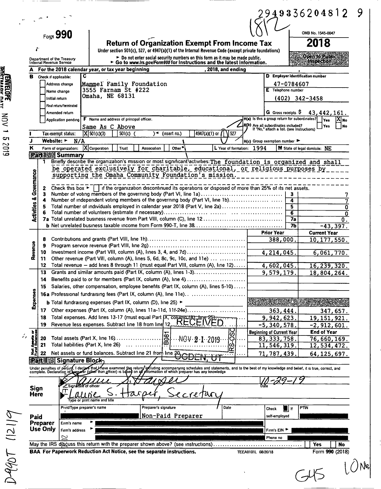 Image of first page of 2018 Form 990 for Mammel Family Foundation